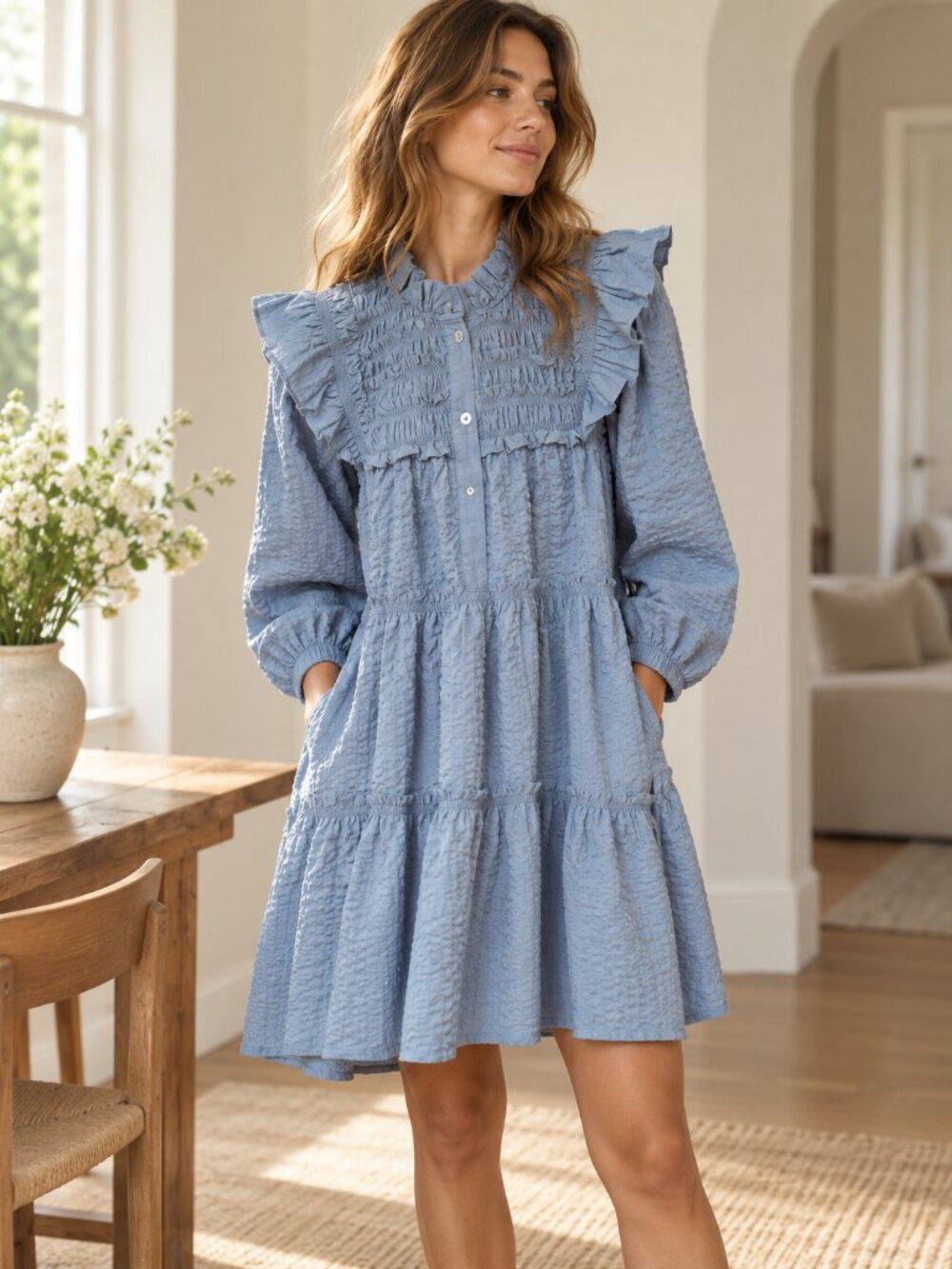 Sea NY Sevyn Seersucker Button Down Dress Ruffles Smocked Puff Sz Xs Blue